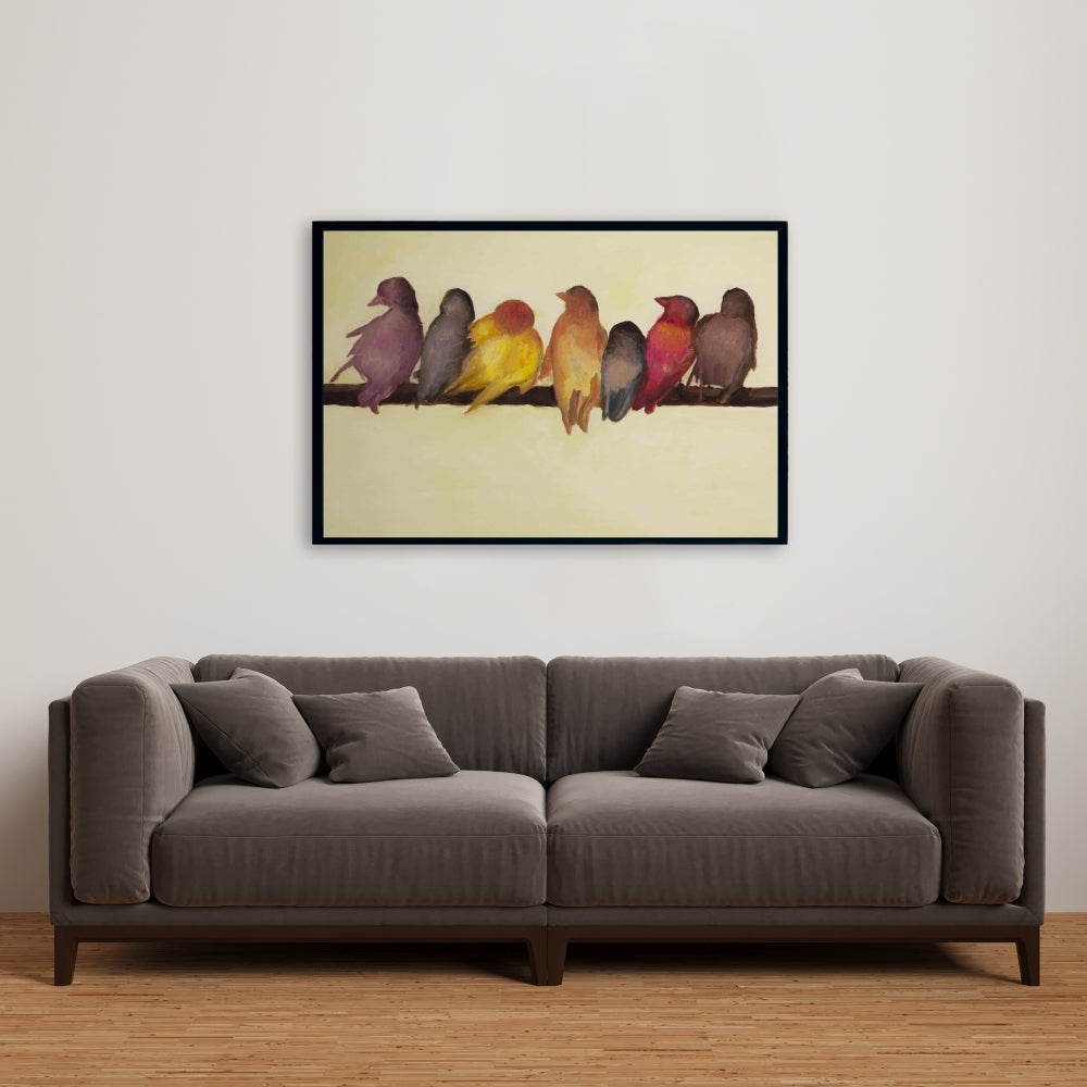 Toile encadrée jaune contemporaine représentant une famille d'oiseaux | Décoration d'intérieur