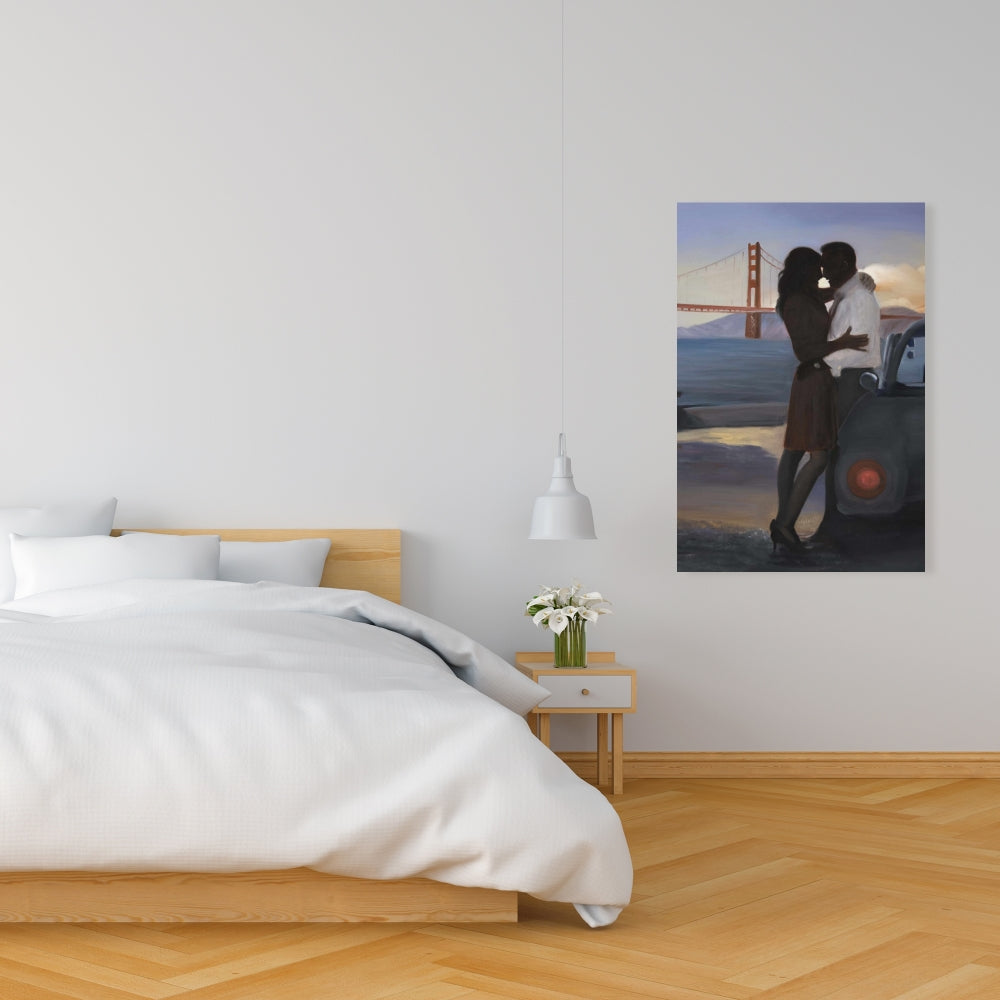 Blue Bedroom Bridge Canvas | Loving Couple San Francisco Art