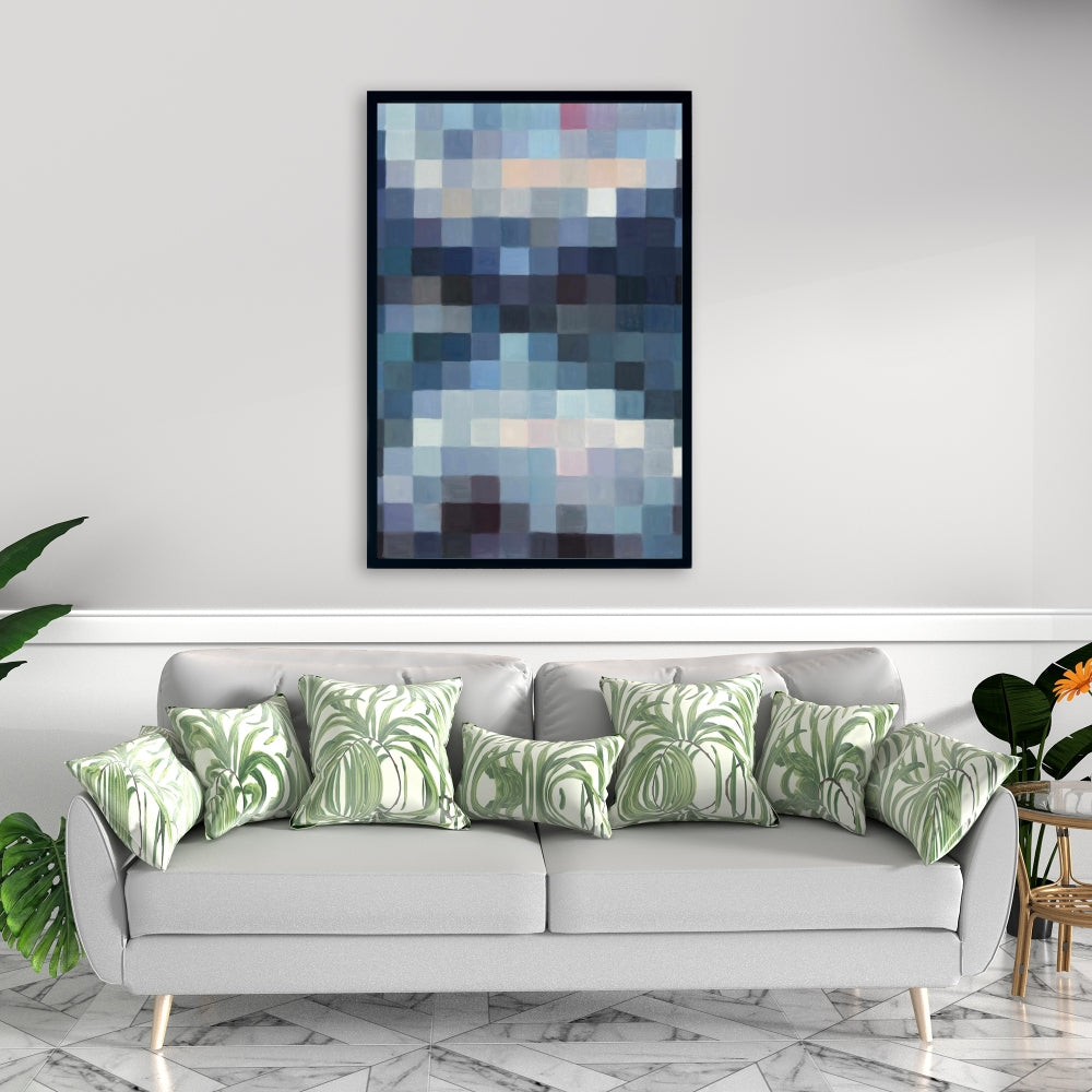 Toile de chambre bleue aux formes | Paysage montagneux pixelisé