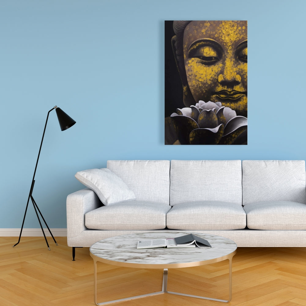 Toile spirituelle marron pour salon – Décor du sourire éternel de Bouddha