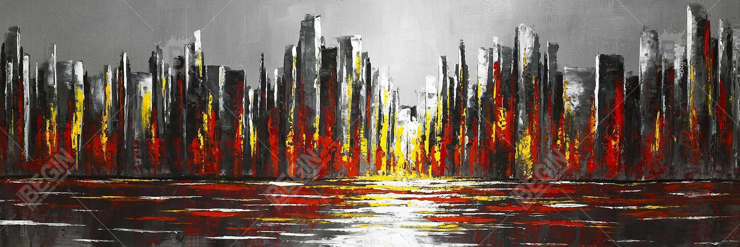 Toile abstraite Skyline rouge | Décoration murale avec cadre gris