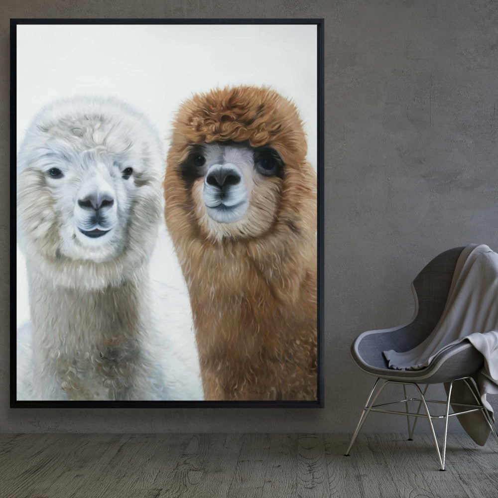 Décoration rustique de ferme | Toile encadrée « Deux lamas » pour chambre