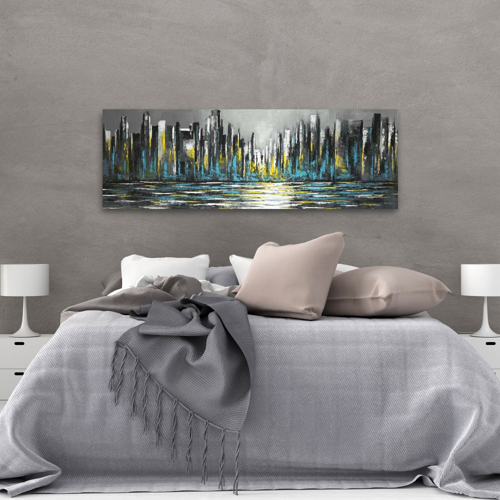 Abstract Blue Skyline | Gray Canvas | Bedroom Home Decor
