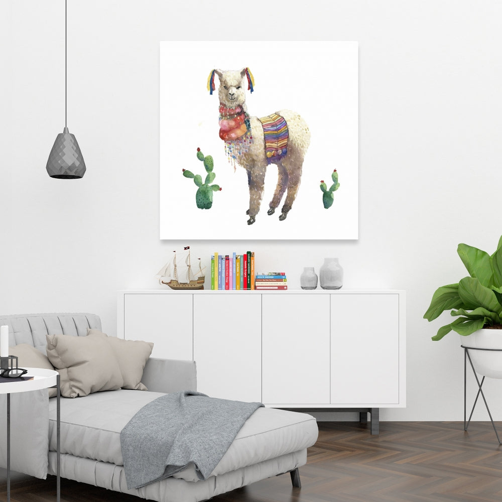 Toile rouge Lama Parade – Décoration de chambre à coucher avec animaux de la ferme