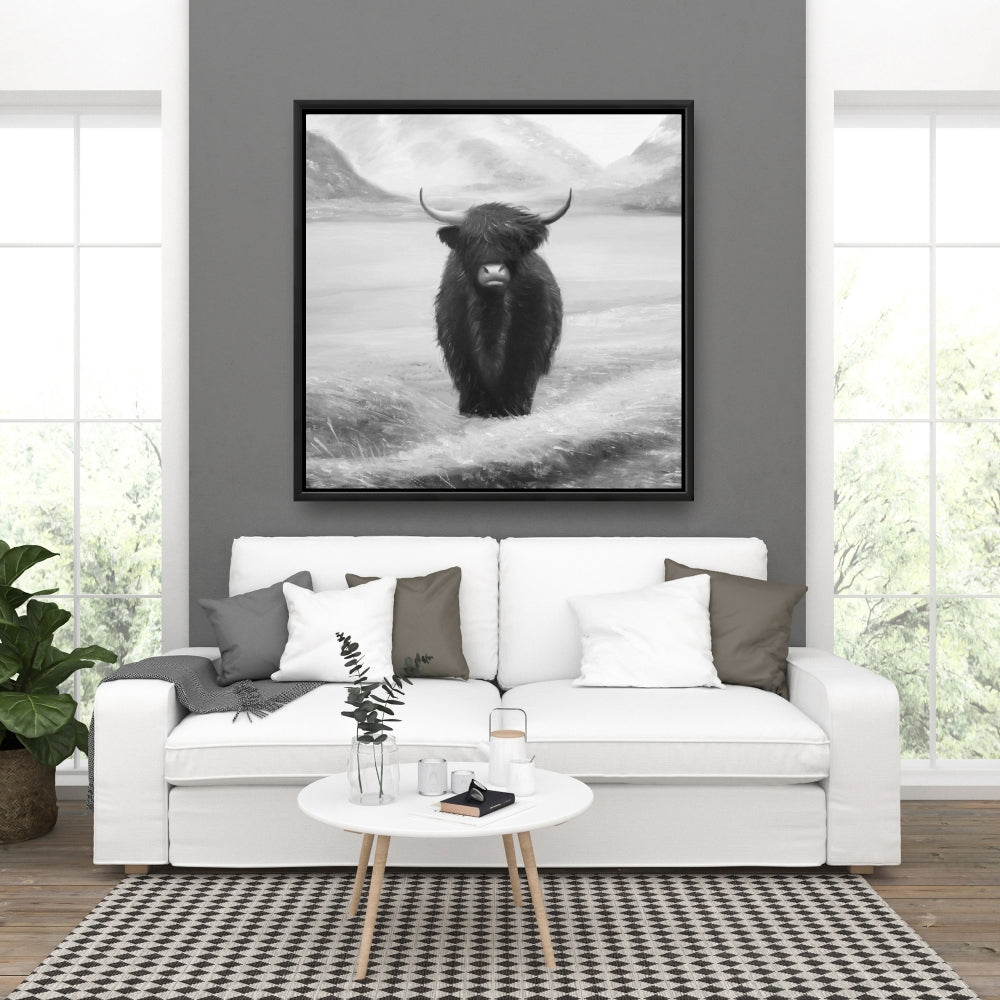 Toile monochrome « Vache des Highlands » | Décoration de chambre avec animaux blancs