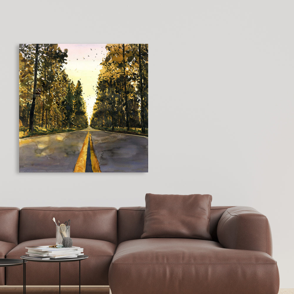 Long Road Trees Illustration - Yellow Canvas for Home Decor