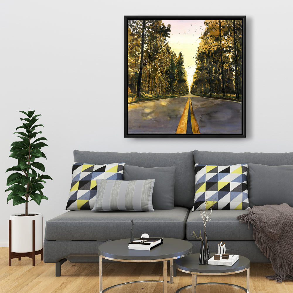 Toile Paysage Jaune Longue Route | Décoration de chambre encadrée