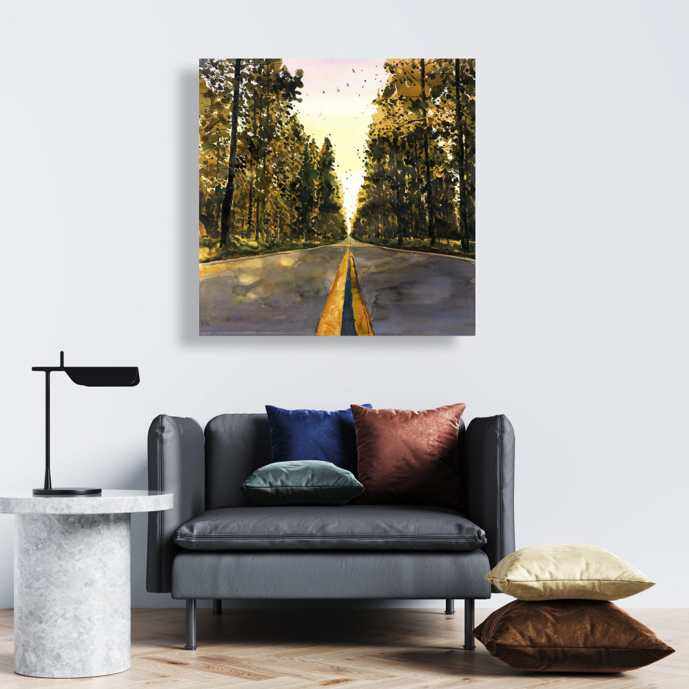 Long Road Trees Illustration - Yellow Canvas for Home Decor
