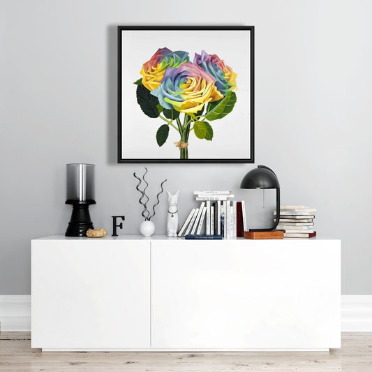 Bouquet de roses arc-en-ciel | Toile encadrée jaune - Décoration d'intérieur