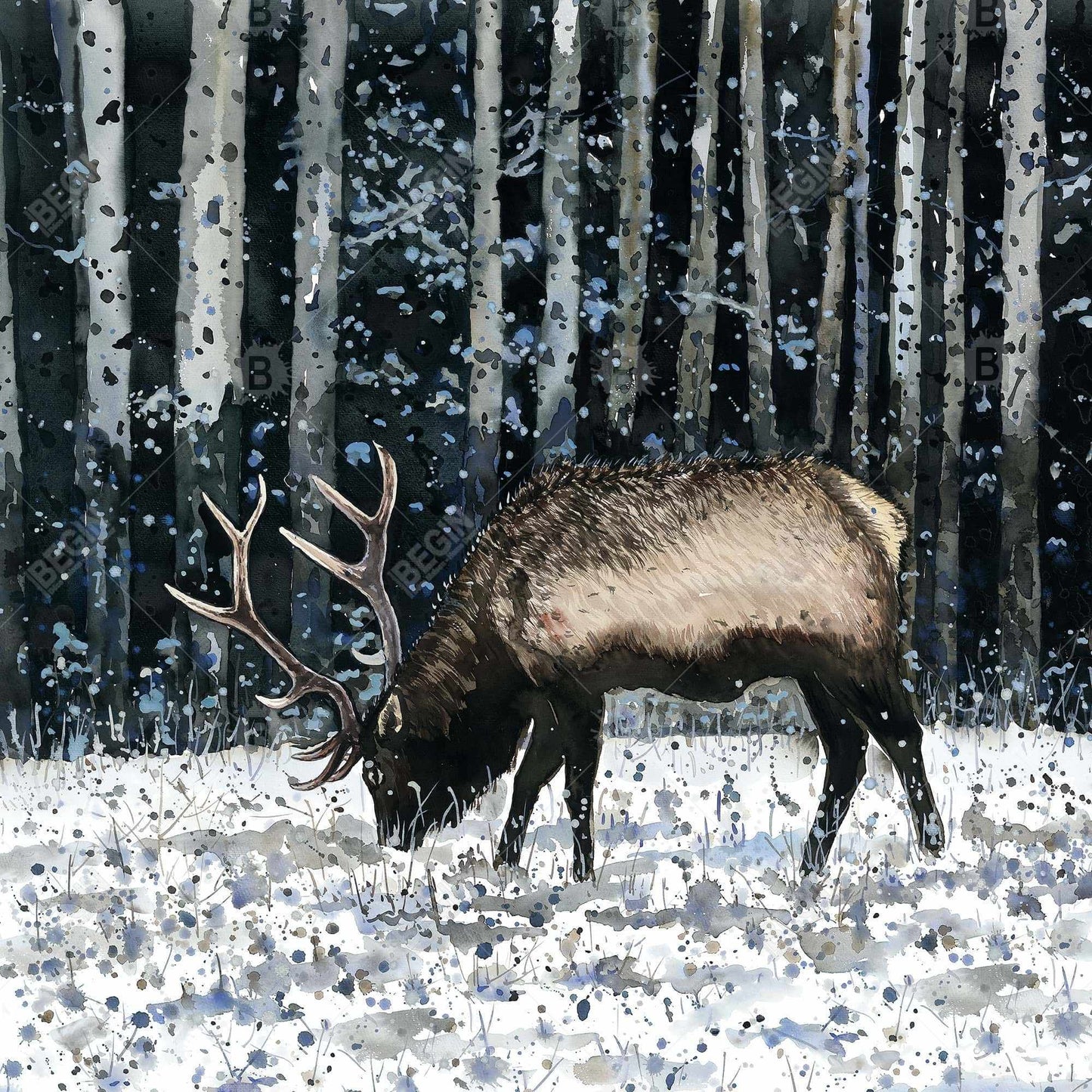 Caribou in Winter Forest Canvas - Blue Trees Bedroom Decor