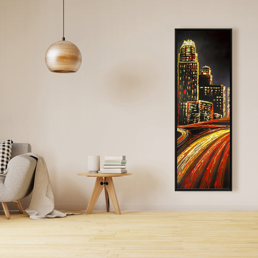 Ville animée la nuit | Toile encadrée jaune | Décoration d'intérieur
