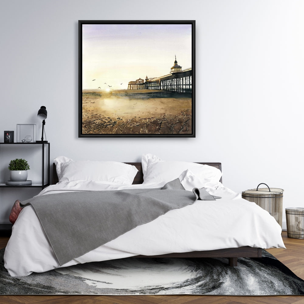 Toile « Coucher de soleil à la plage » | Cadre beige | Décoration d'intérieur