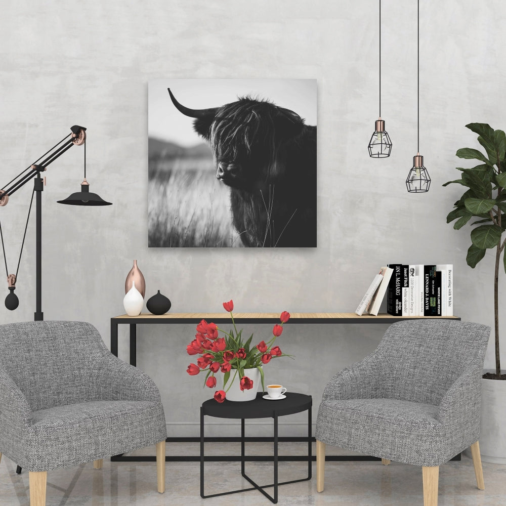 Beautiful Monochrome Highland Cow Canvas | Bedroom Farm Decor