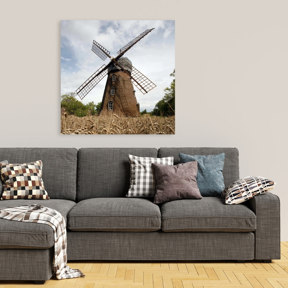 Windmill Landscape Canvas - Brown Trees Home Decor Wall Art