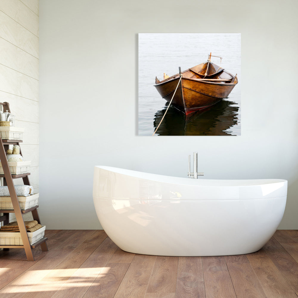 Rowboat on Calm Water | Marine Coastal White Canvas Decor