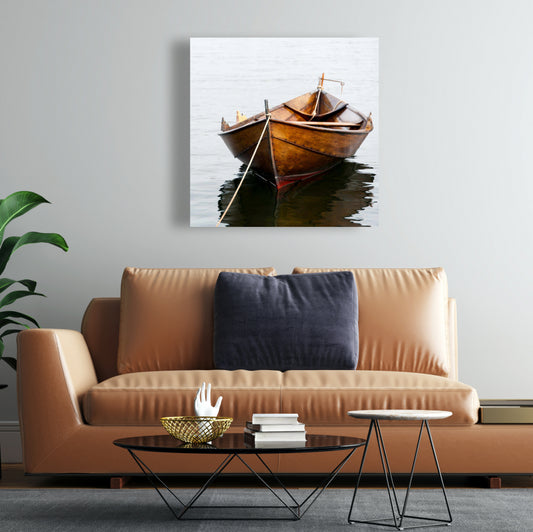 Rowboat on Calm Water | Marine Coastal White Canvas Decor