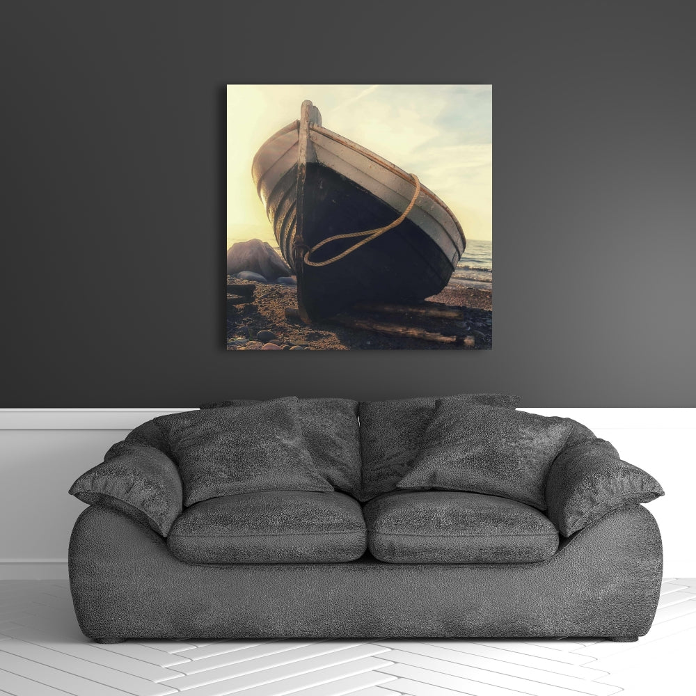 Rowboat at Water's Edge Canvas | Coastal Bedroom Wall Art
