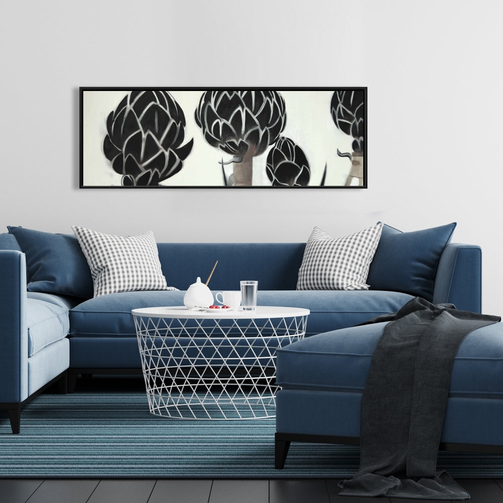 Toile Artichauts - Décoration florale et botanique de cuisine avec cadre noir