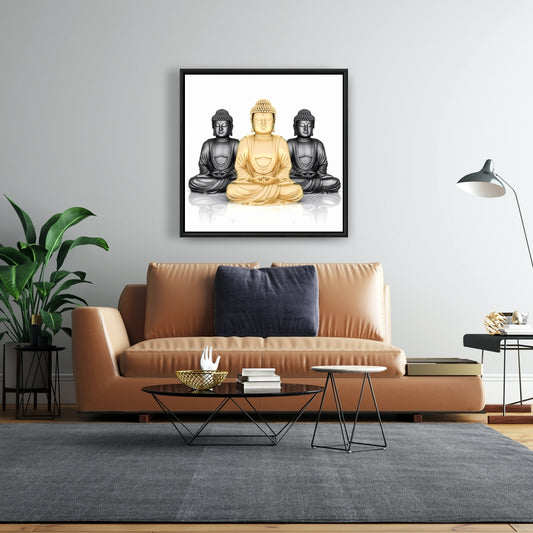 Toile « Triple de Bouddhas » | Cadre blanc | Décoration intérieure et spiritualité