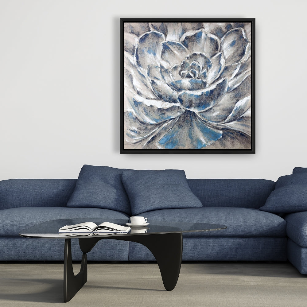 Toile encadrée à motif de fleurs botaniques bleues, grises et bleues, décoration d'intérieur