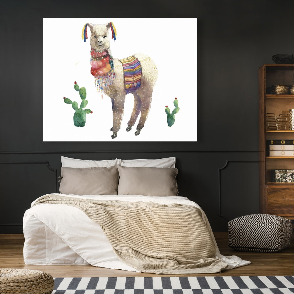 Toile rouge Lama Parade – Décoration de chambre à coucher avec animaux de la ferme