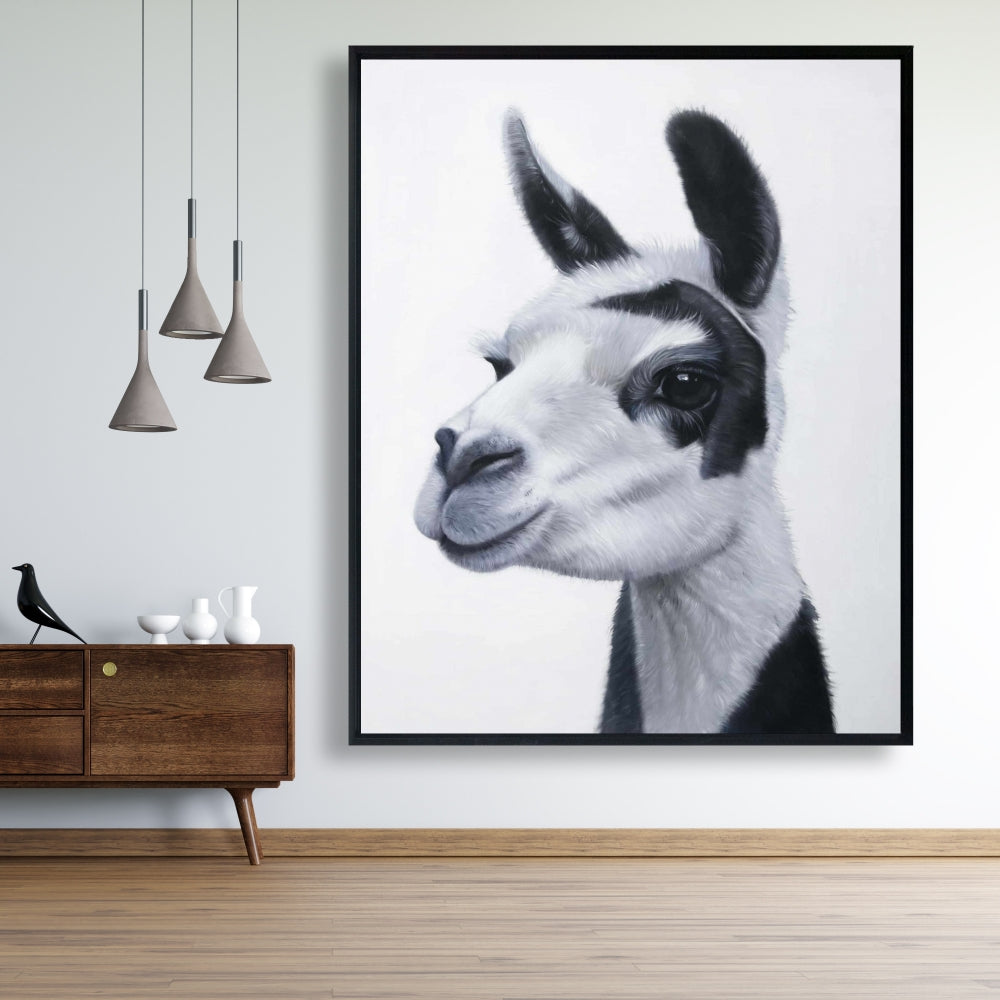 Toile de chambre blanche rustique - Décoration d'intérieur Lama noir et blanc