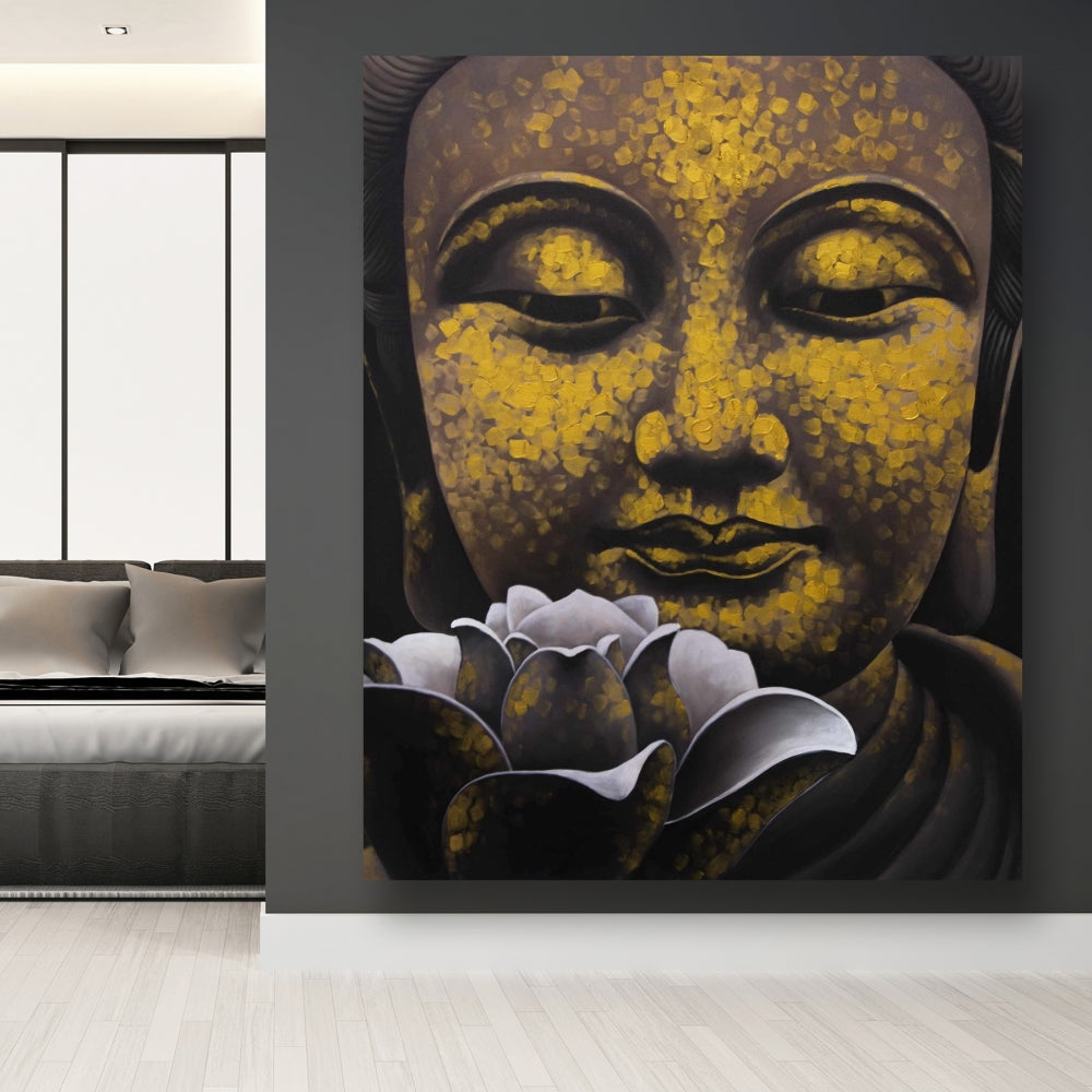 Toile spirituelle marron pour salon – Décor du sourire éternel de Bouddha