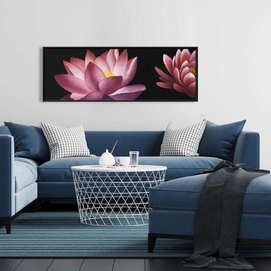 Lotus Flower Pattern Black Botanical Asian Framed Canvas Decor