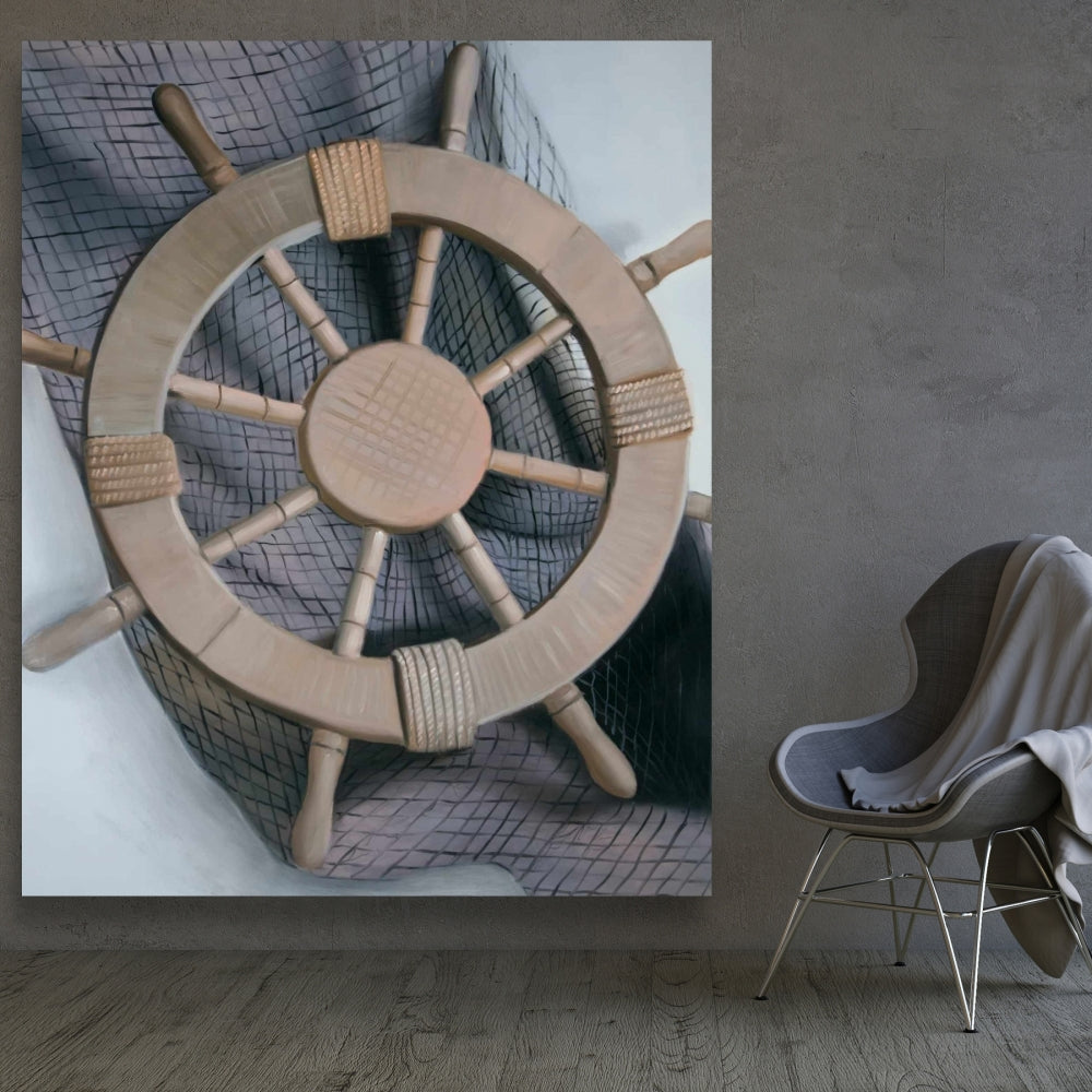 Helm on a Fishing Net - Marine Boat White Canvas Decor