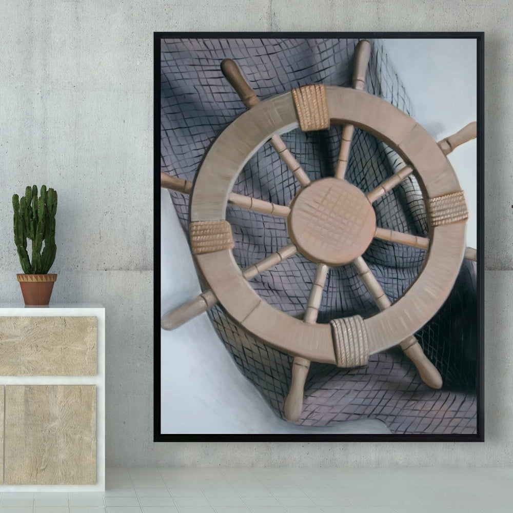 Toile « Gouvernail sur filet de pêche » | Cadre de bateau blanc, décoration d'intérieur