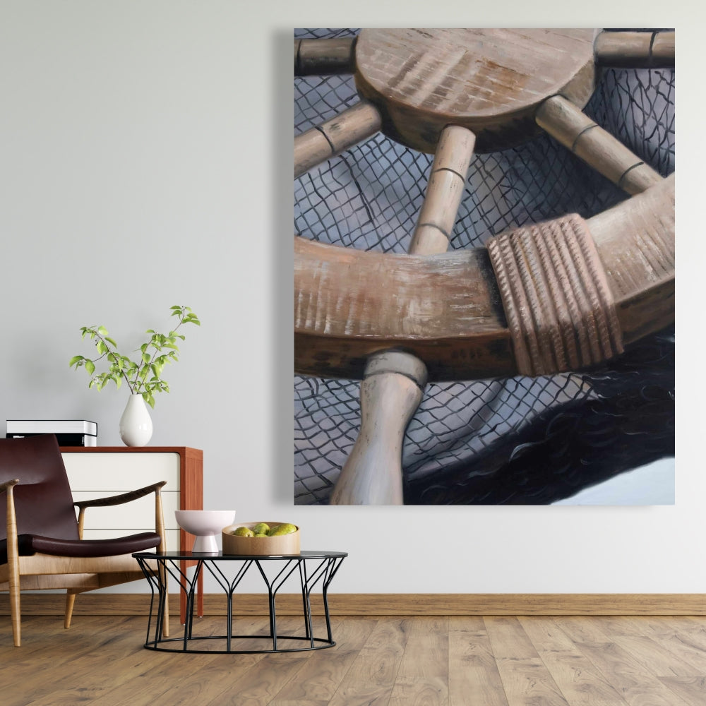 Helm on Fishing Net Canvas | Marine Bedroom Decor - Boat Art