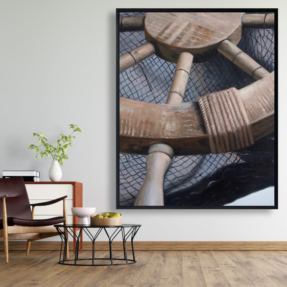 Toile « Gouvernail sur filet de pêche » | Décoration marine pour la maison, bateau marron