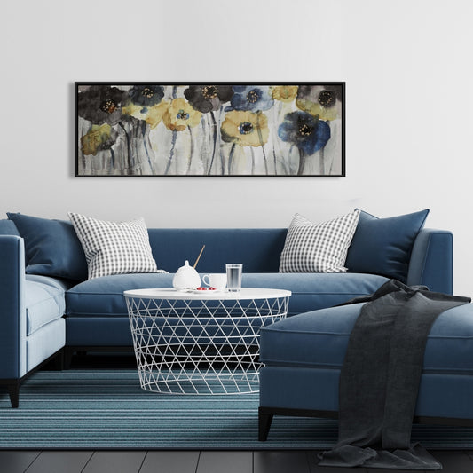 Fleurs grises, bleues et jaunes | Toile encadrée botanique