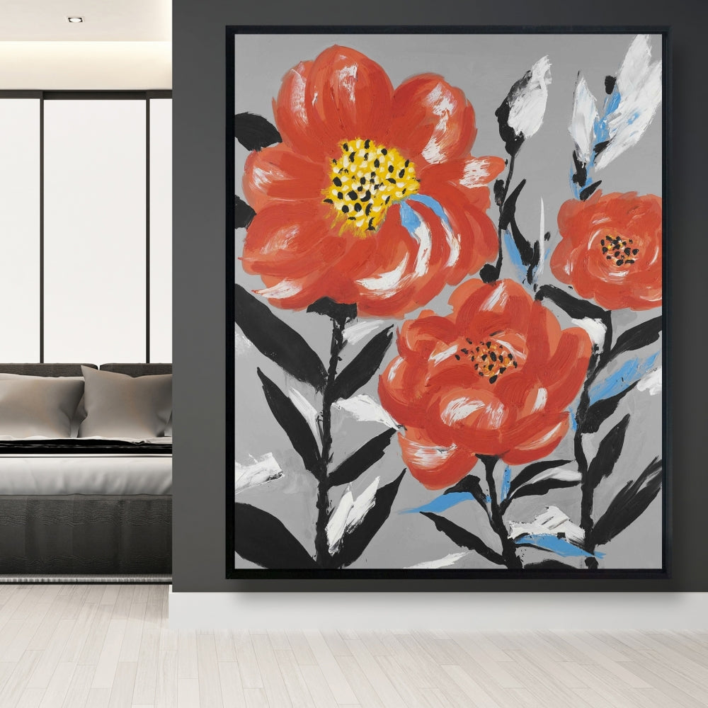 Pink Flowers, Blue Leaves Gray Botanical Canvas - Home Decor
