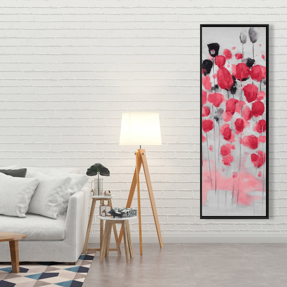 Toile encadrée abstraite de fleurs roses - Décoration d'intérieur grise
