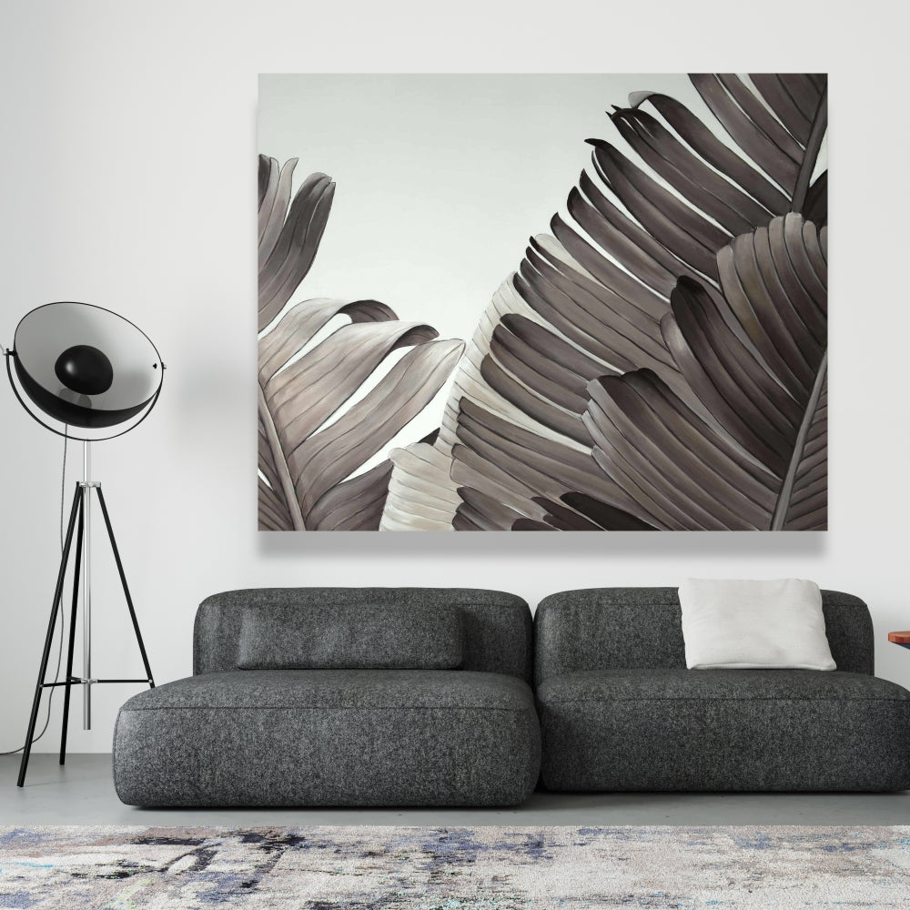 Grayscale Tropical Leaves Canvas - Botanical Bedroom Decor