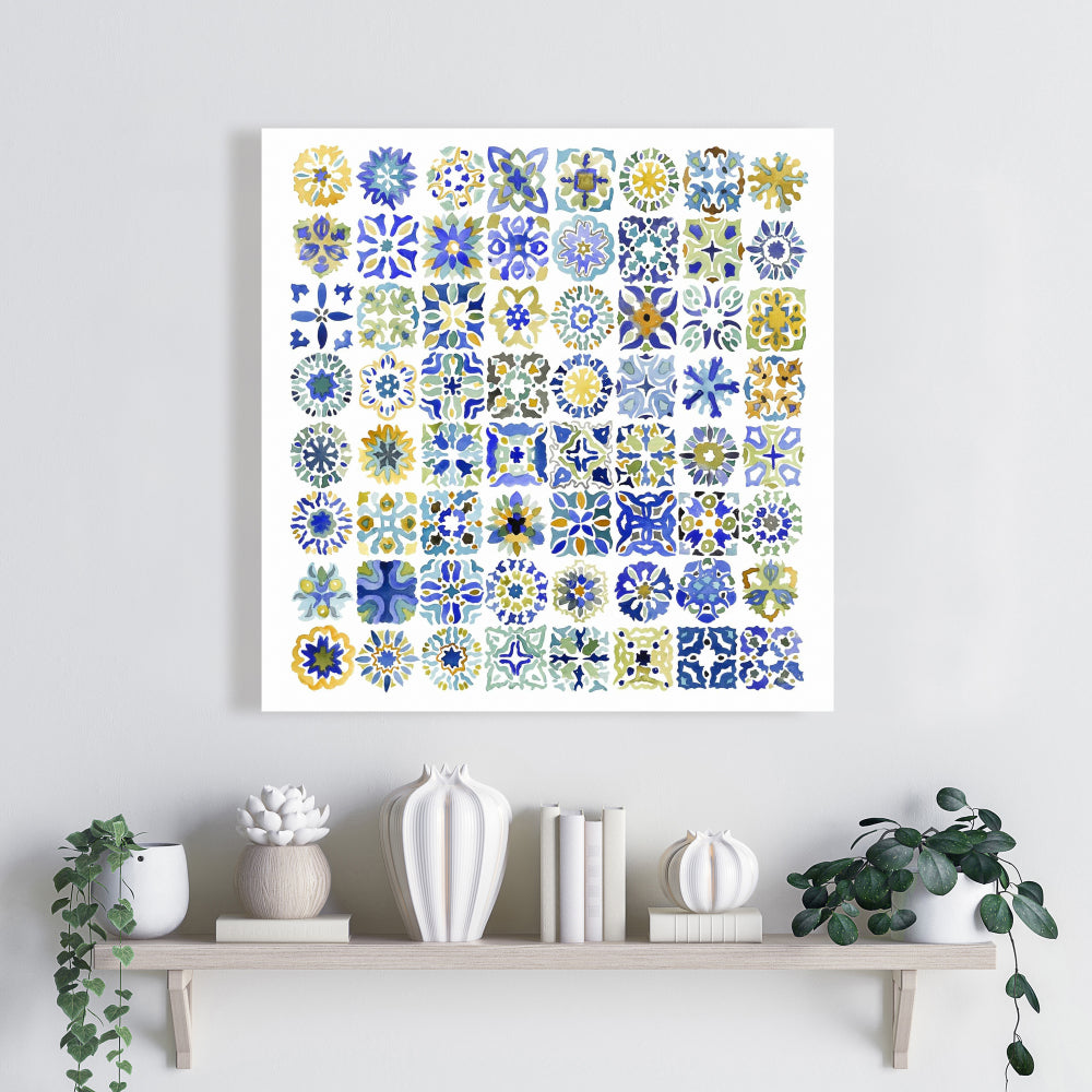 Watercolor Moroccan Tile Canvas - Blue Shapes Bedroom Decor