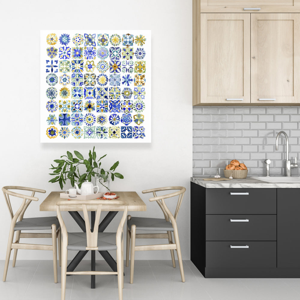 Watercolor Moroccan Tile Canvas - Blue Shapes Bedroom Decor