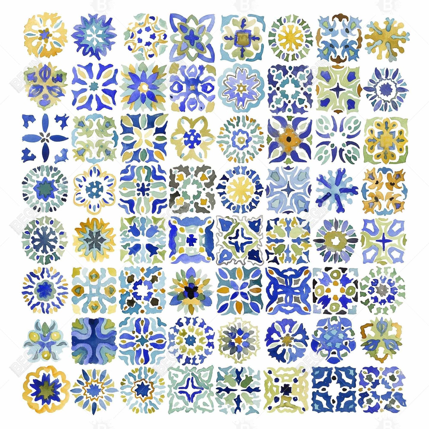 Watercolor Moroccan Tile Canvas - Blue Shapes Bedroom Decor