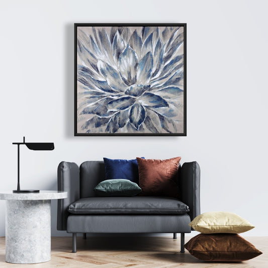 Toile encadrée à fleurs bleues et grises | Décoration botanique pour chambre