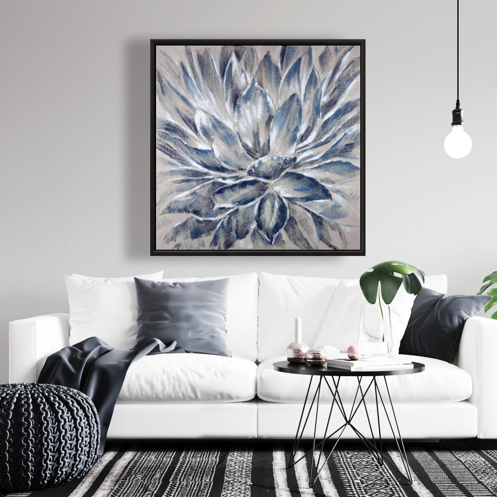 Toile encadrée à fleurs bleues et grises | Décoration botanique pour chambre