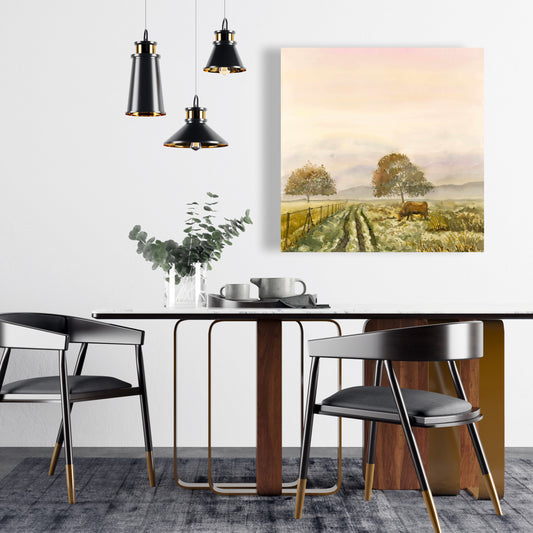 Toile « Animaux de la ferme : Douce matinée » | Décoration murale verte