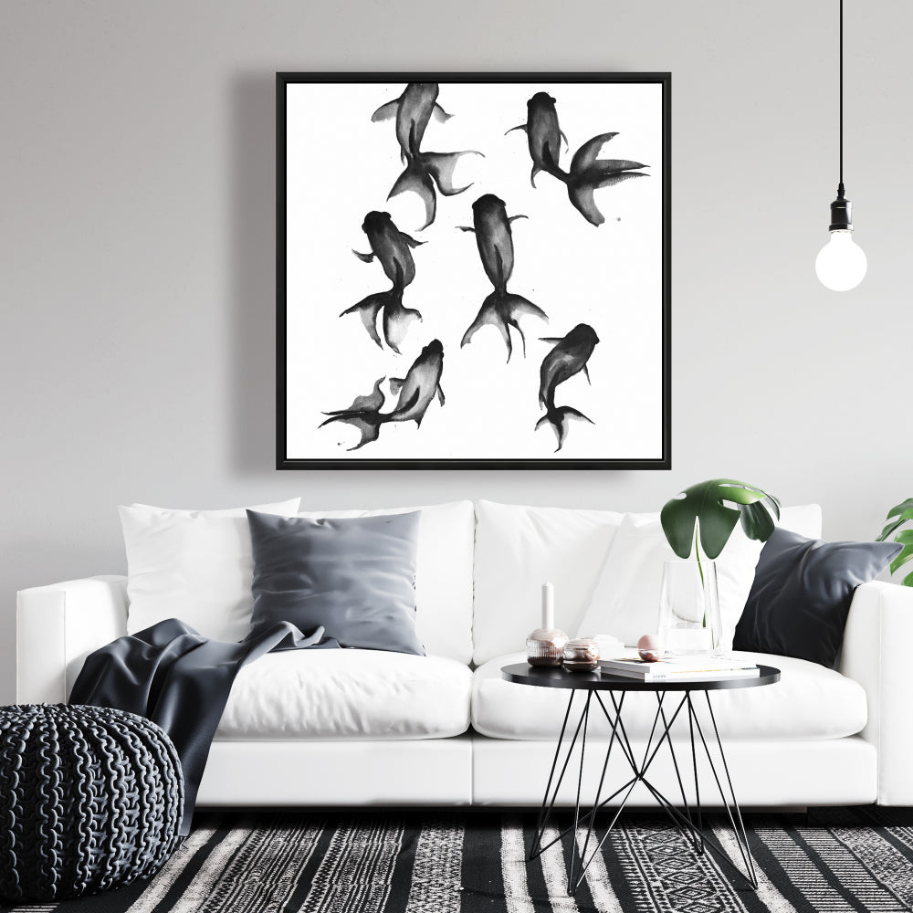 Black Fishes Framed Canvas | Illustrative Bedroom Decor