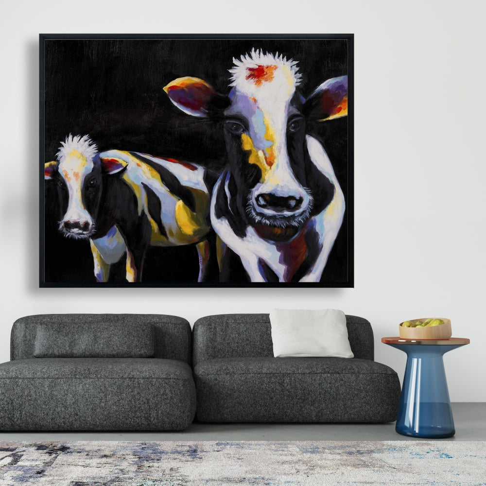 Two Funny Cows Framed Canvas - White Contemporary Home Decor