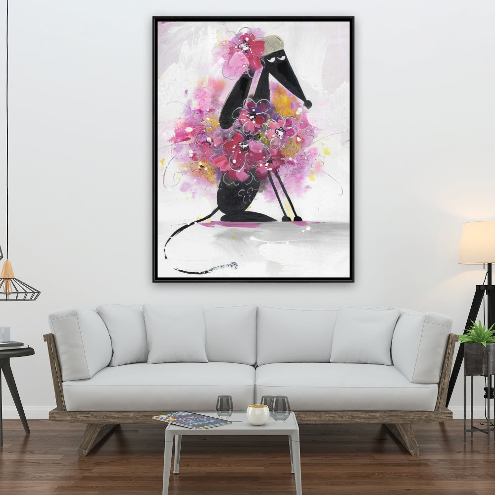 Cartoon Dog with Pink Flowers | Purple Bedroom Canvas Decor