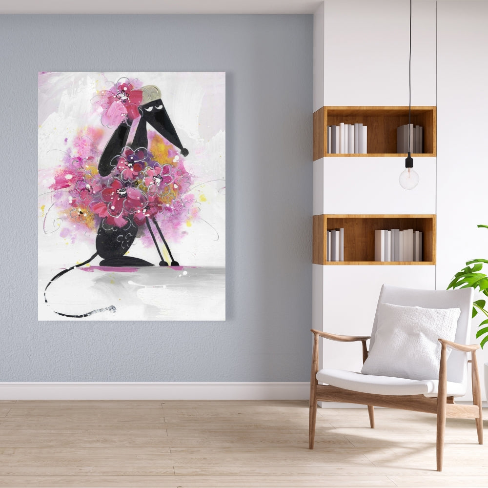 Cartoon Dog with Pink Flowers Canvas - Cute Animals Bedroom Decor