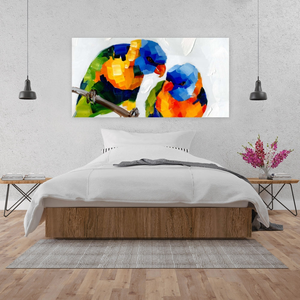 Blue Canvas Couple of Parrots - Animal Bedroom Home Decor
