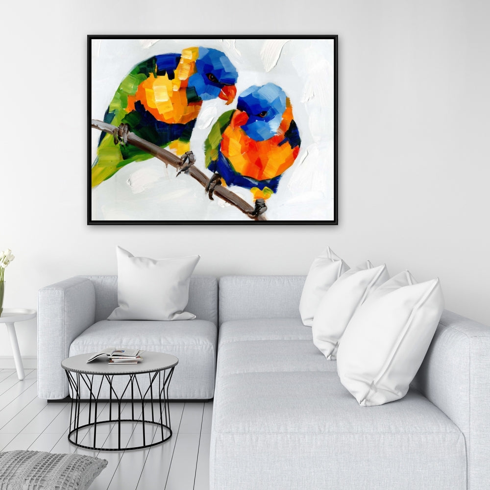Couple of Parrots Canvas - Contemporary Blue Framed Art Decor