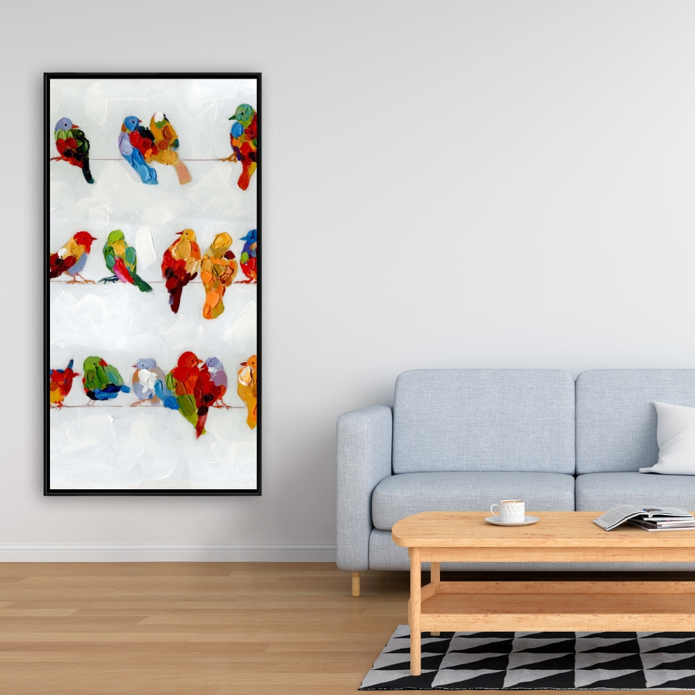 Colorful Birds on a Wire | Framed Canvas Home Decor Art