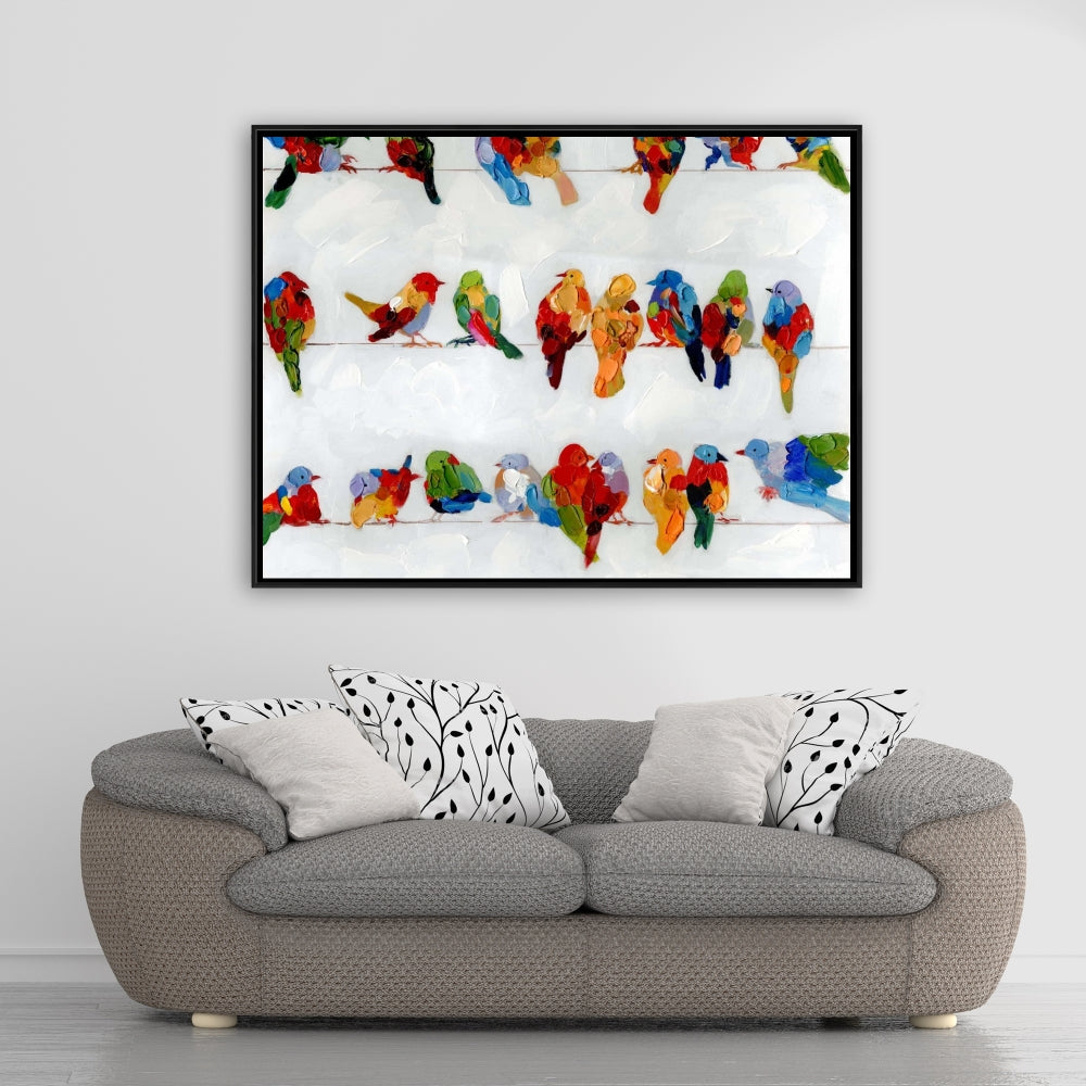 Colorful Birds on a Wire | Framed Canvas Home Decor Art